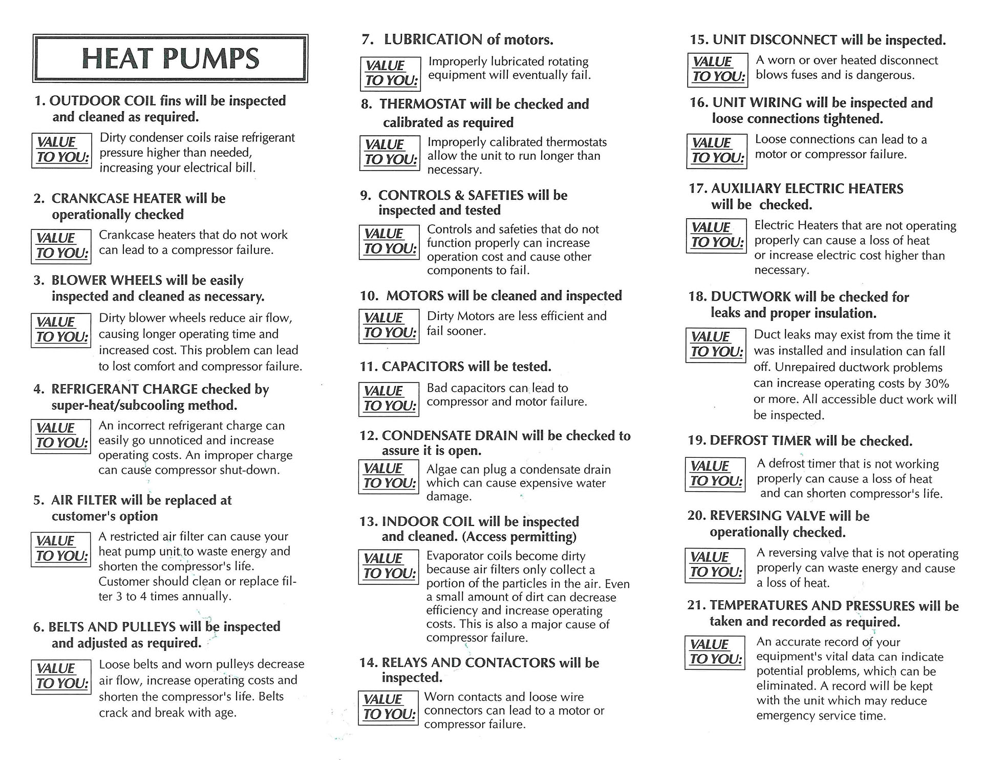 Heat Pump Maintenance Chart